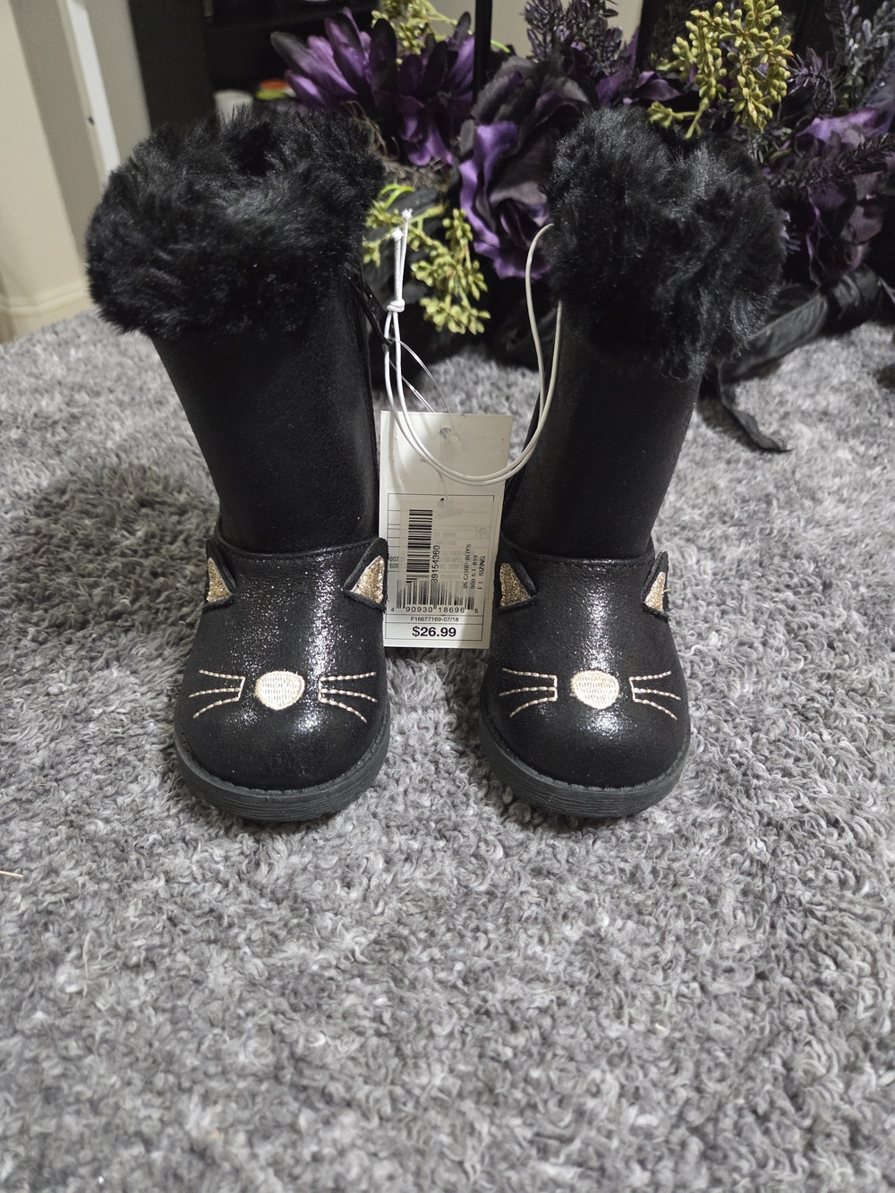 Cat & Jack Black Glitter Cat Face Kids Boots with Faux Fur Cuff